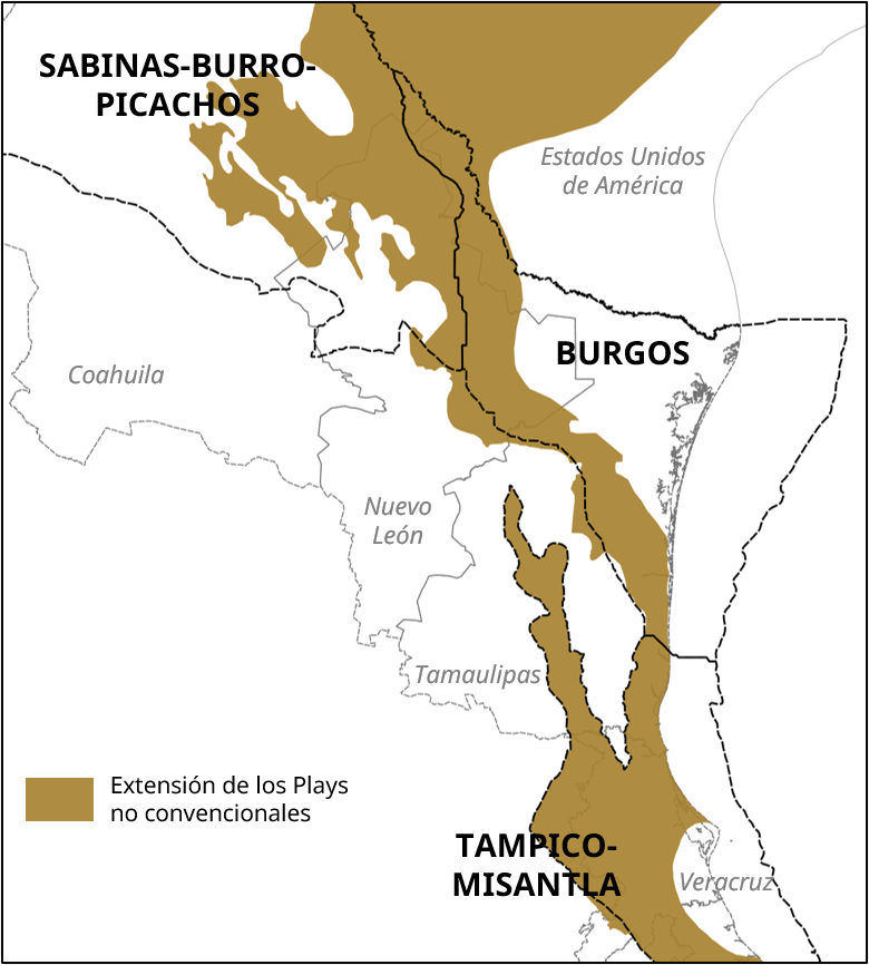 Mapa de las cuencas Sabinas–Burro–Picachos, Burgos y Tampico–Misantla.